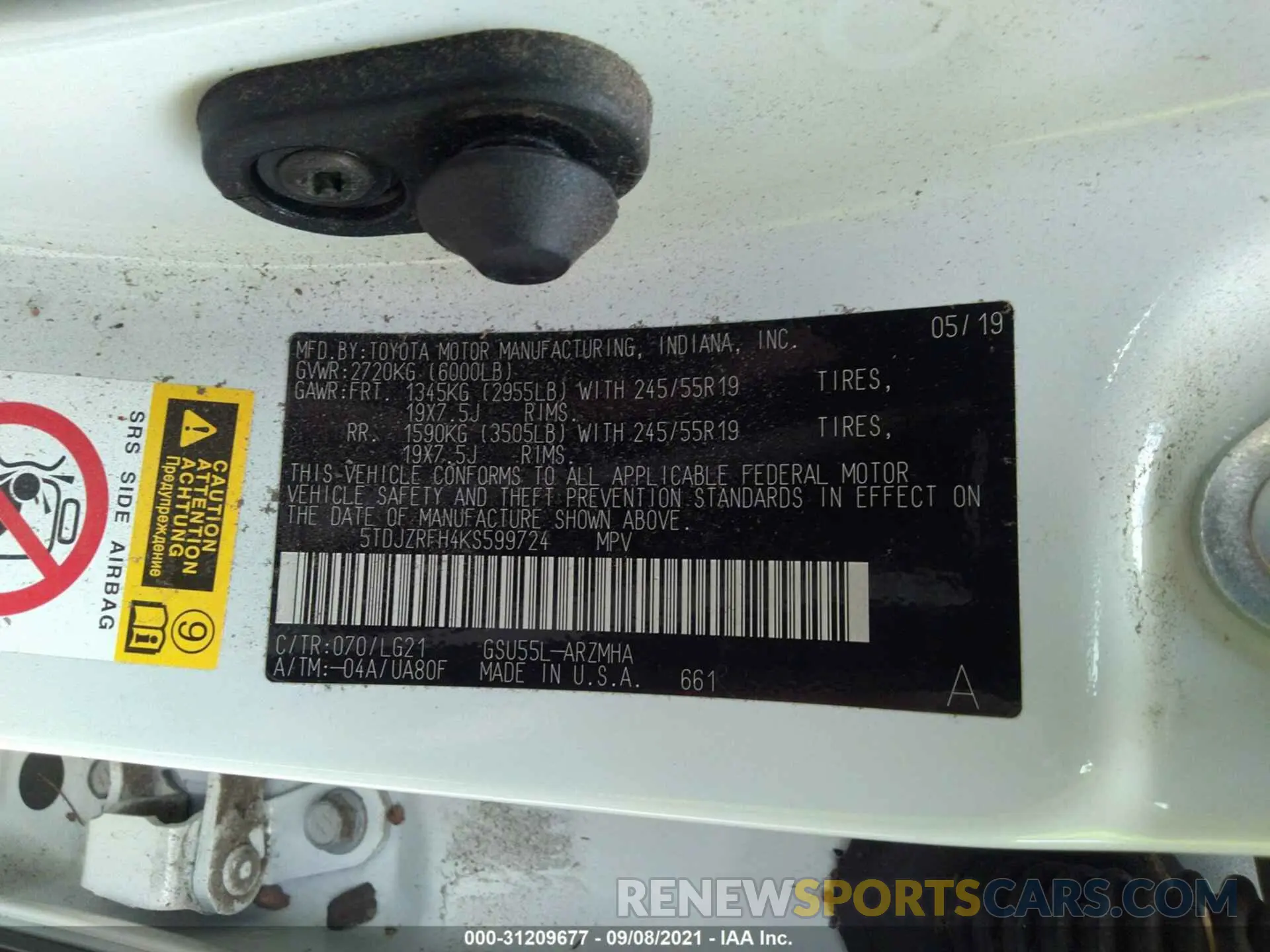 9 fotografías del automóvil dañado 5TDJZRFH4KS599724 TOYOTA HIGHLANDER 2019