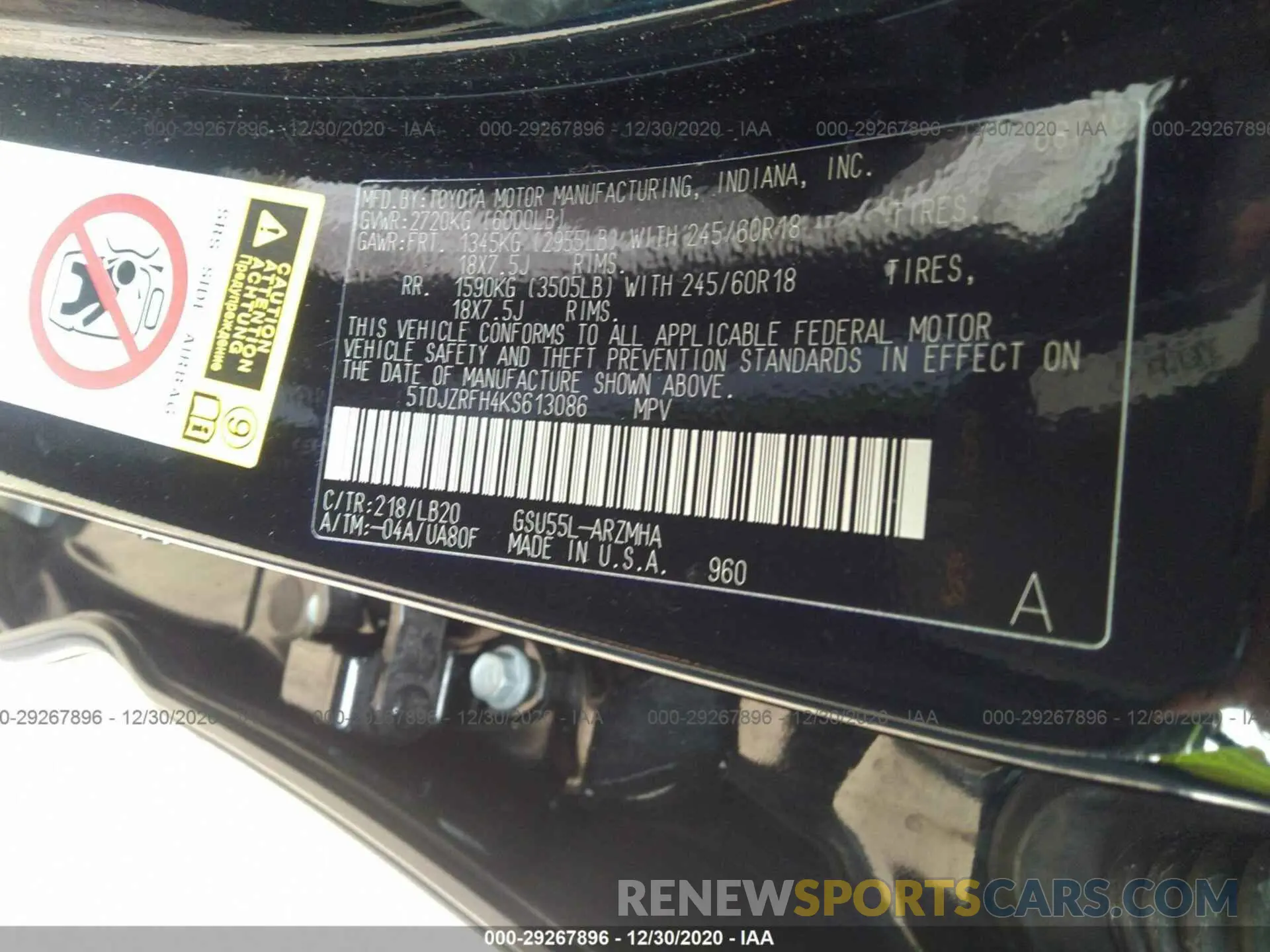9 fotografías del automóvil dañado 5TDJZRFH4KS613086 TOYOTA HIGHLANDER 2019