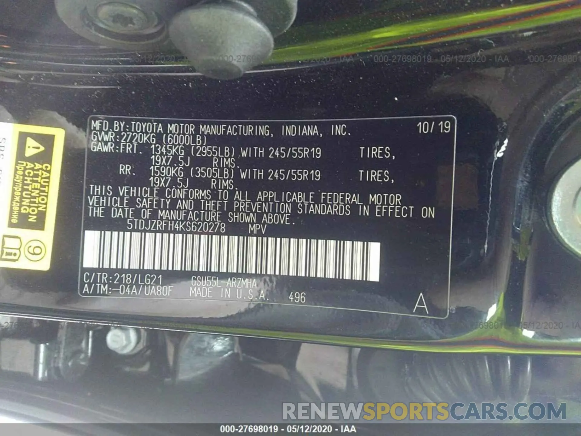 9 fotografías del automóvil dañado 5TDJZRFH4KS620278 TOYOTA HIGHLANDER 2019