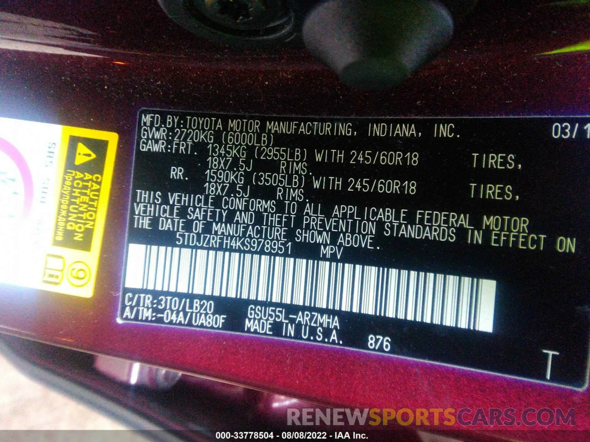 9 fotografías del automóvil dañado 5TDJZRFH4KS978951 TOYOTA HIGHLANDER 2019