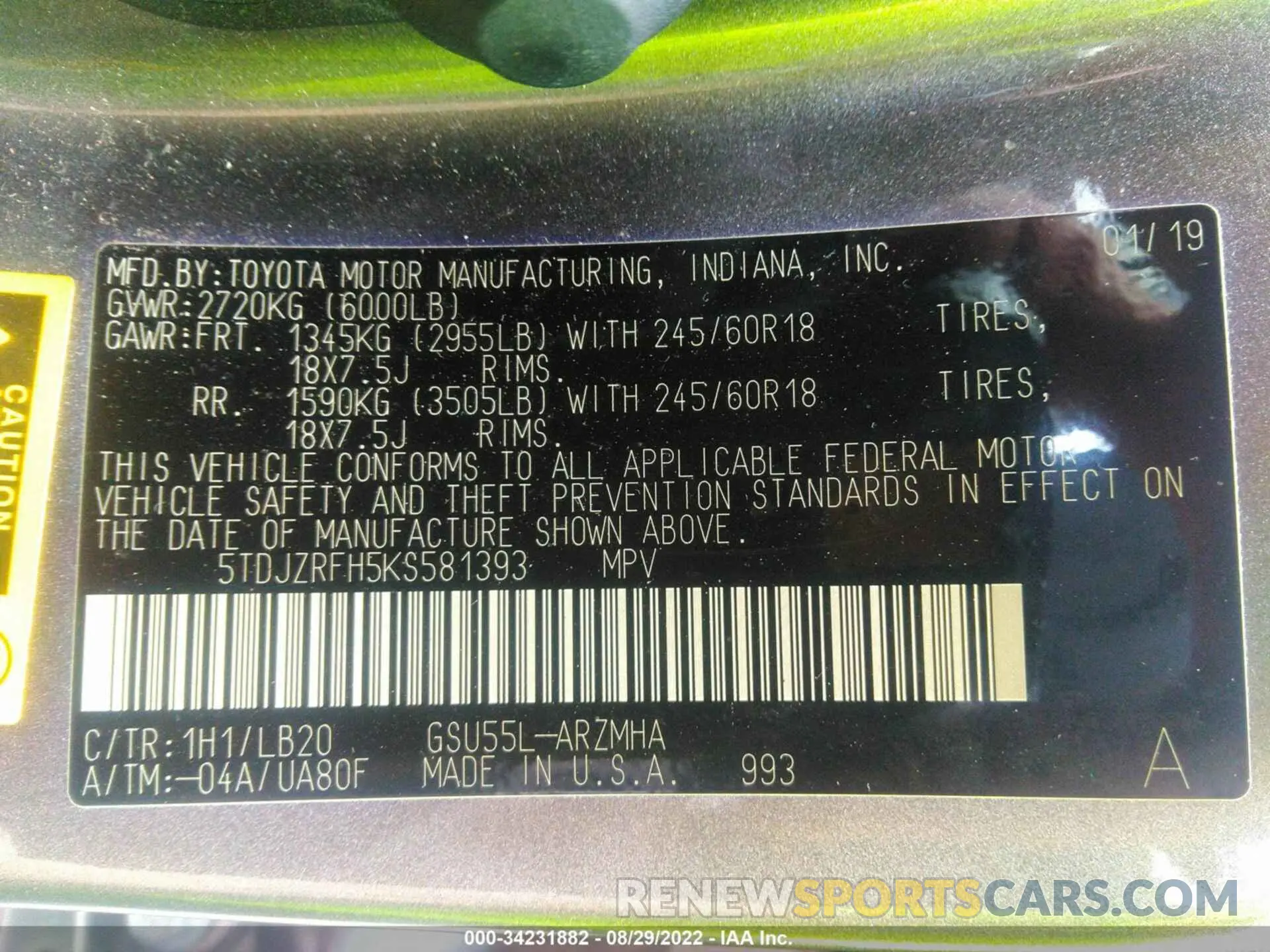 9 fotografías del automóvil dañado 5TDJZRFH5KS581393 TOYOTA HIGHLANDER 2019