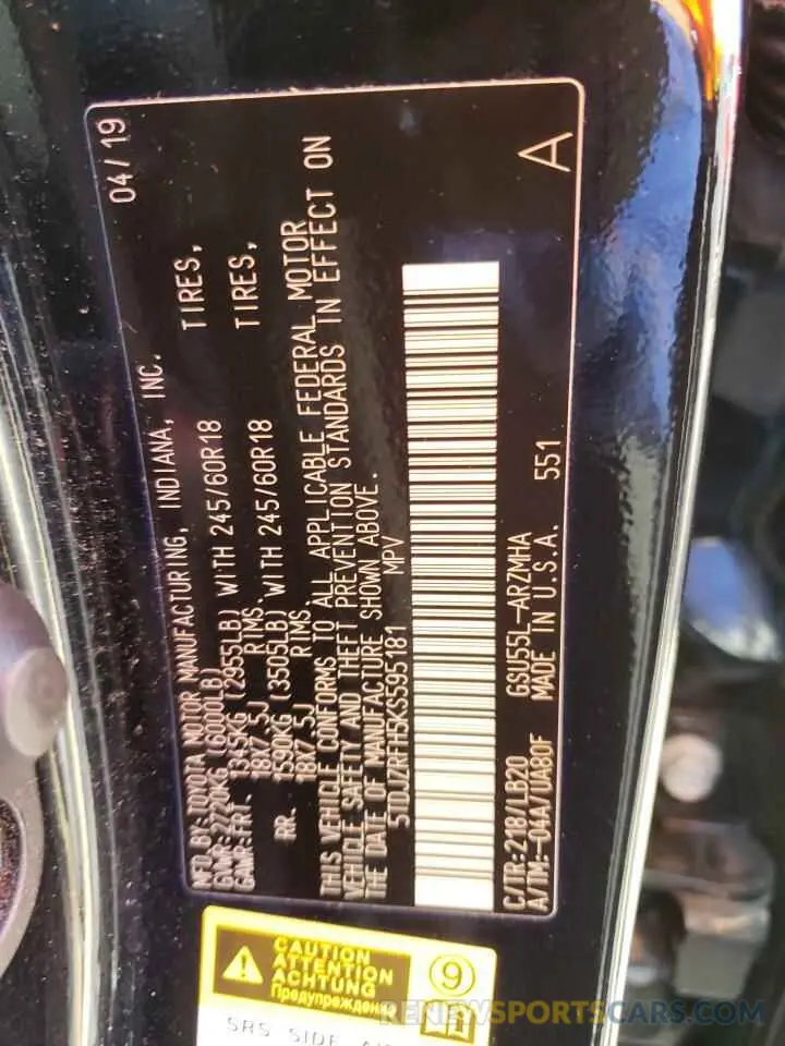 10 fotografías del automóvil dañado 5TDJZRFH5KS595181 TOYOTA HIGHLANDER 2019