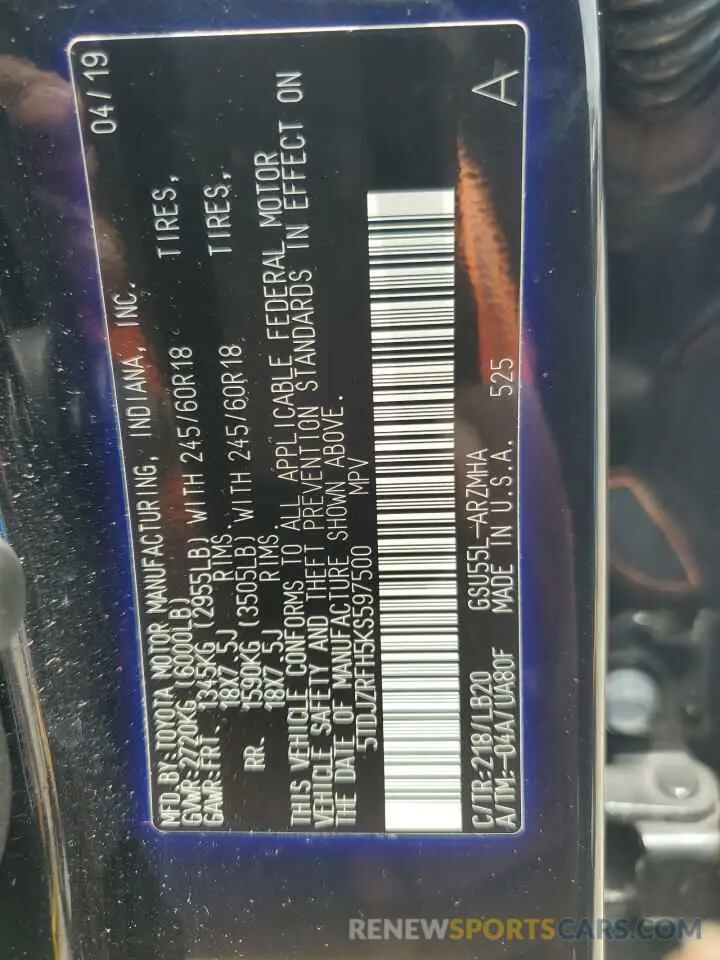 14 fotografías del automóvil dañado 5TDJZRFH5KS597500 TOYOTA HIGHLANDER 2019
