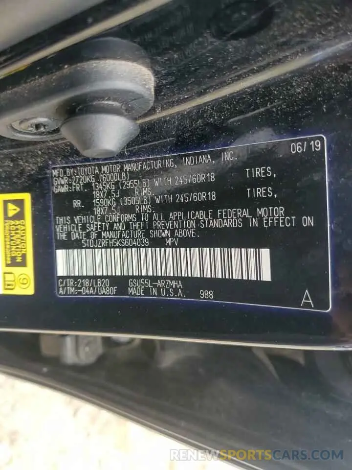 14 fotografías del automóvil dañado 5TDJZRFH5KS604039 TOYOTA HIGHLANDER 2019