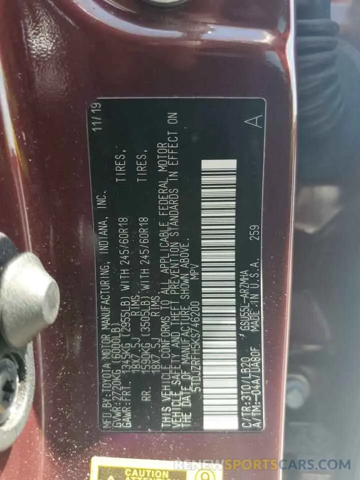 13 fotografías del automóvil dañado 5TDJZRFH5KS746200 TOYOTA HIGHLANDER 2019