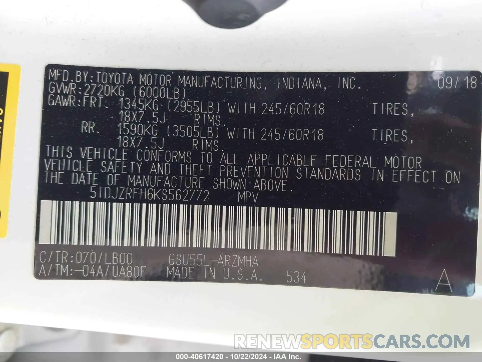 9 fotografías del automóvil dañado 5TDJZRFH6KS562772 TOYOTA HIGHLANDER 2019