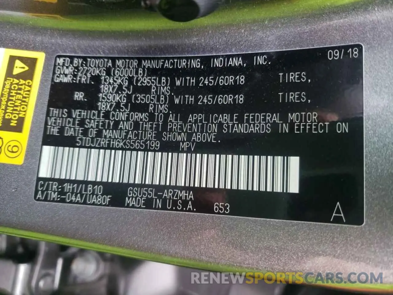 10 fotografías del automóvil dañado 5TDJZRFH6KS565199 TOYOTA HIGHLANDER 2019