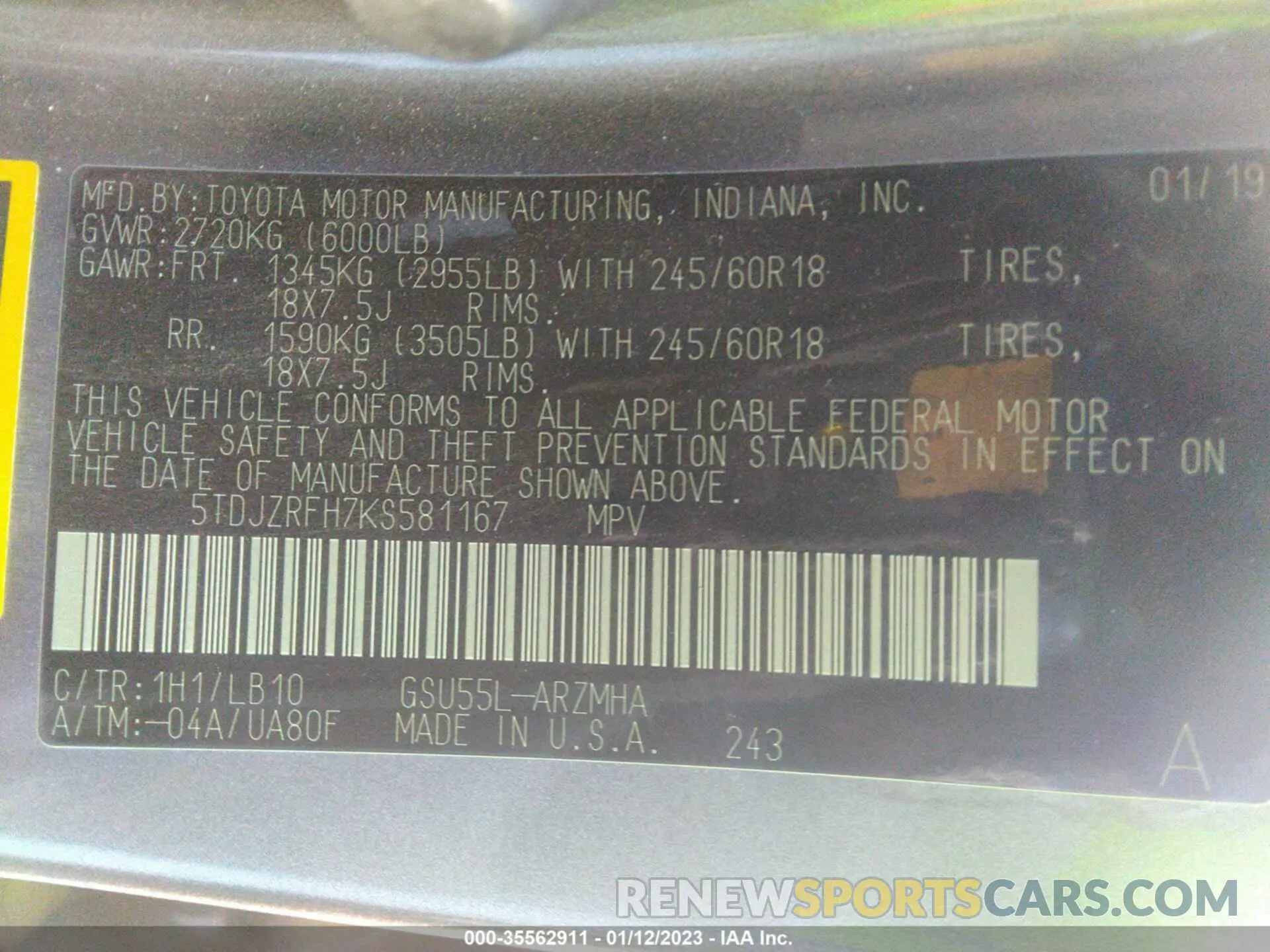 9 fotografías del automóvil dañado 5TDJZRFH7KS581167 TOYOTA HIGHLANDER 2019