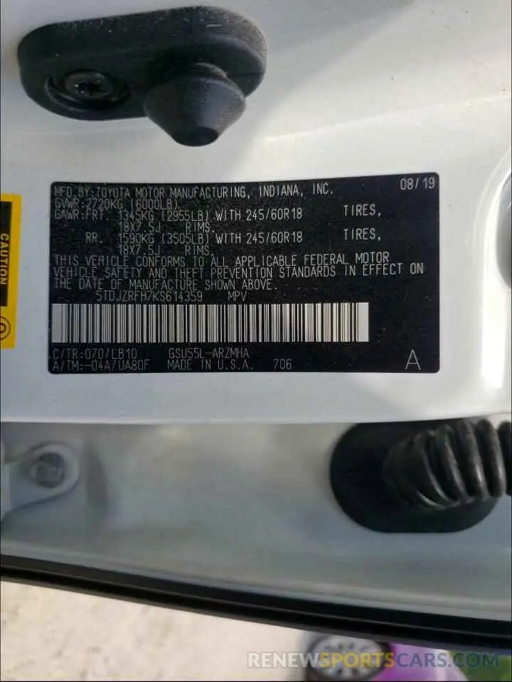 10 fotografías del automóvil dañado 5TDJZRFH7KS614359 TOYOTA HIGHLANDER 2019
