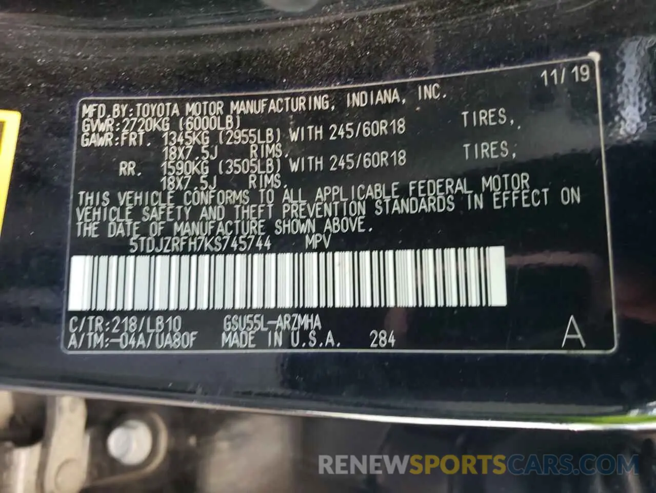 12 fotografías del automóvil dañado 5TDJZRFH7KS745744 TOYOTA HIGHLANDER 2019
