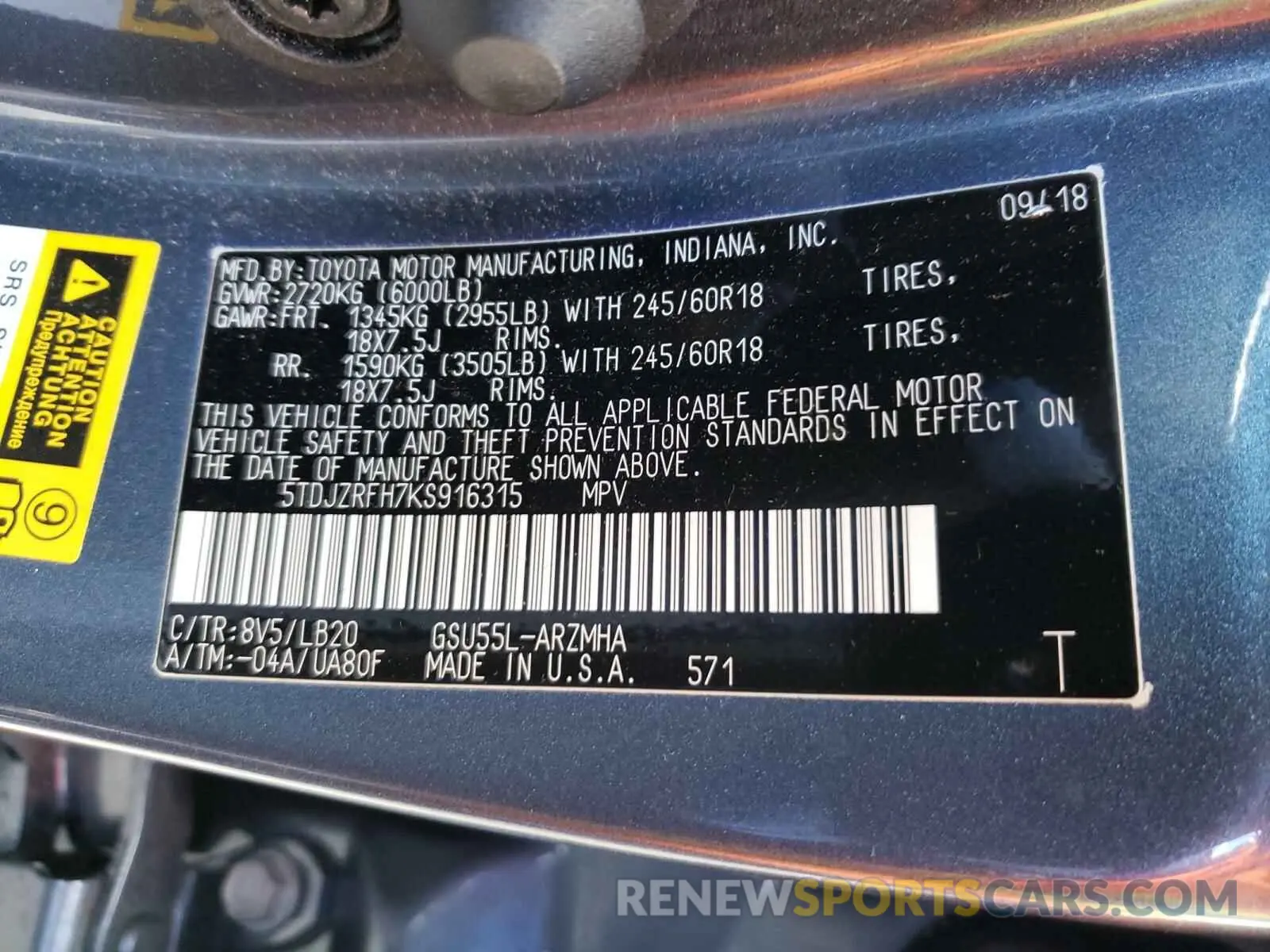 10 fotografías del automóvil dañado 5TDJZRFH7KS916315 TOYOTA HIGHLANDER 2019