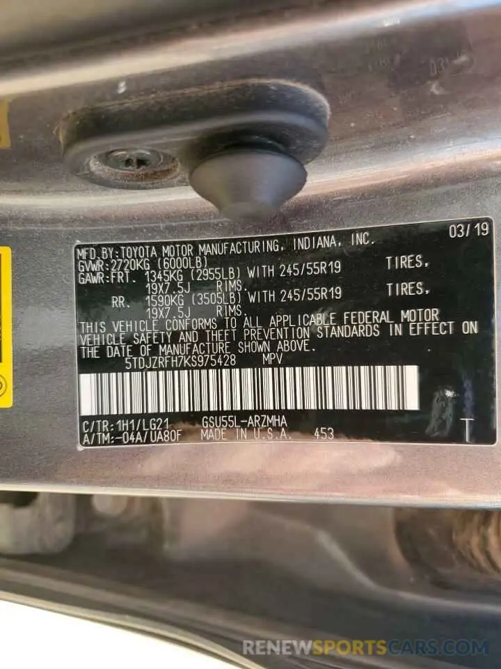 12 fotografías del automóvil dañado 5TDJZRFH7KS975428 TOYOTA HIGHLANDER 2019