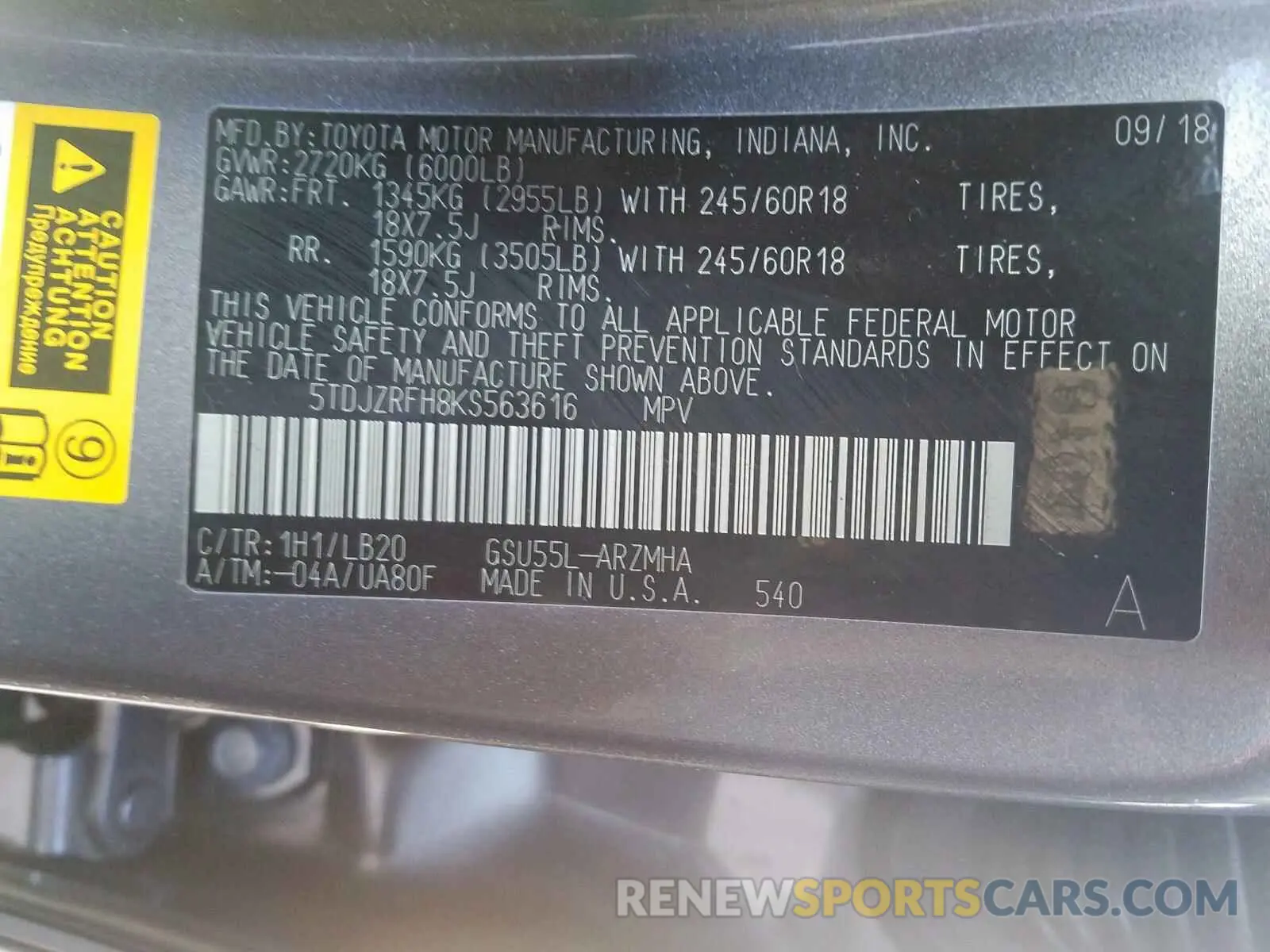 10 fotografías del automóvil dañado 5TDJZRFH8KS563616 TOYOTA HIGHLANDER 2019