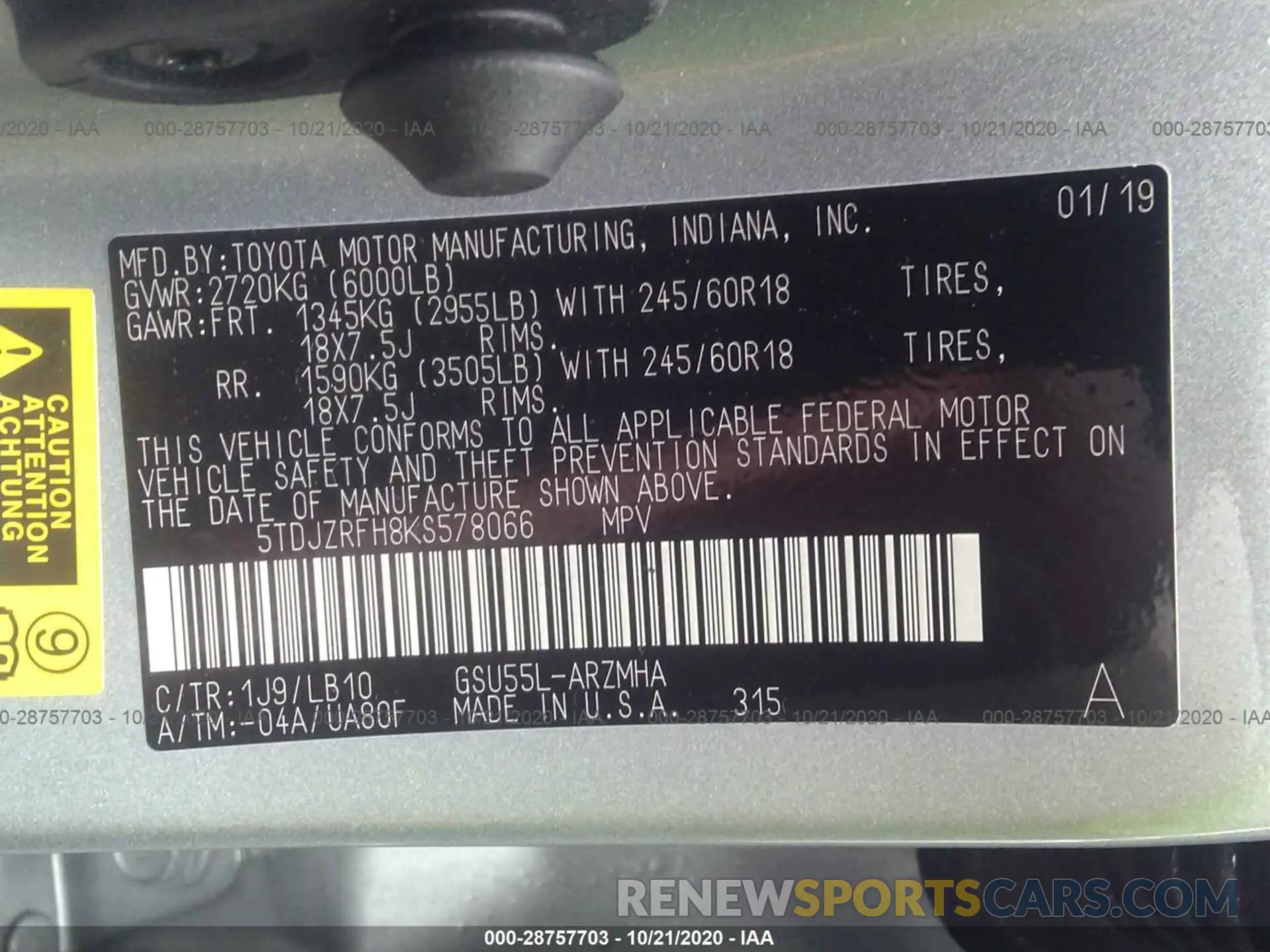 9 fotografías del automóvil dañado 5TDJZRFH8KS578066 TOYOTA HIGHLANDER 2019