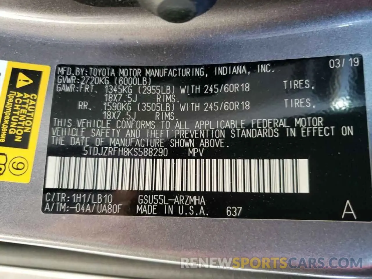 10 fotografías del automóvil dañado 5TDJZRFH8KS588290 TOYOTA HIGHLANDER 2019