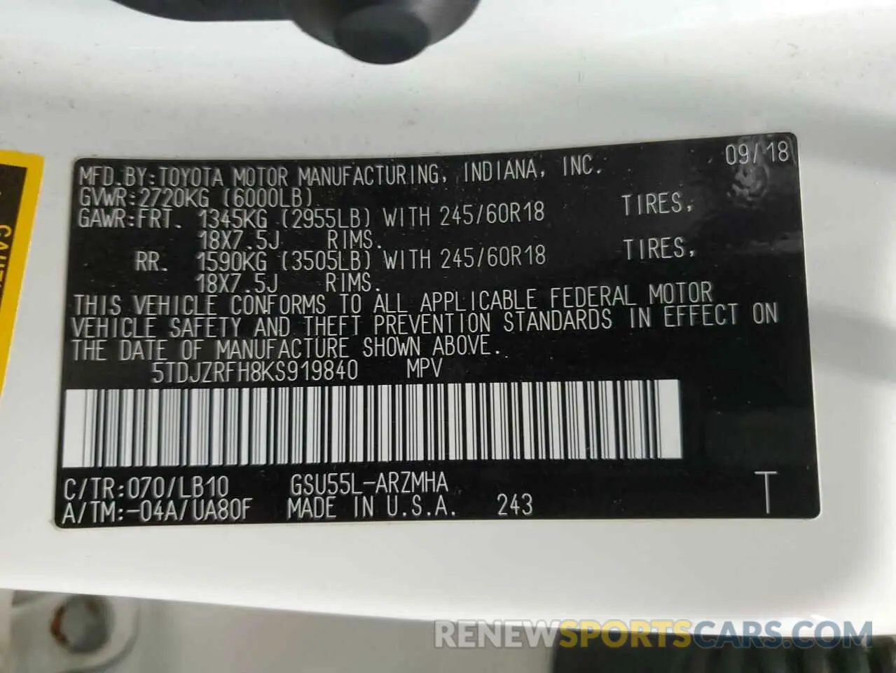 13 fotografías del automóvil dañado 5TDJZRFH8KS919840 TOYOTA HIGHLANDER 2019