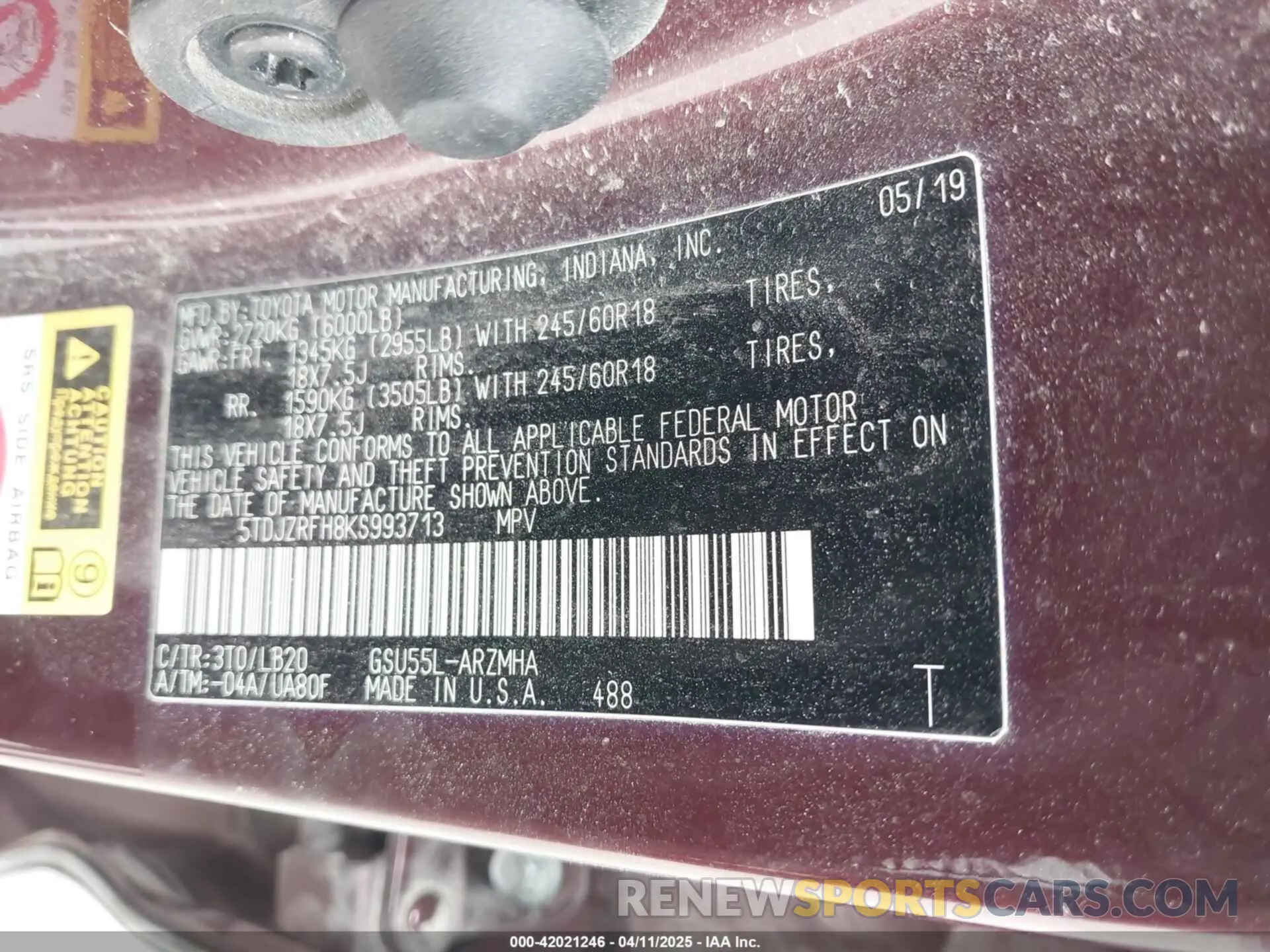 9 fotografías del automóvil dañado 5TDJZRFH8KS993713 TOYOTA HIGHLANDER 2019