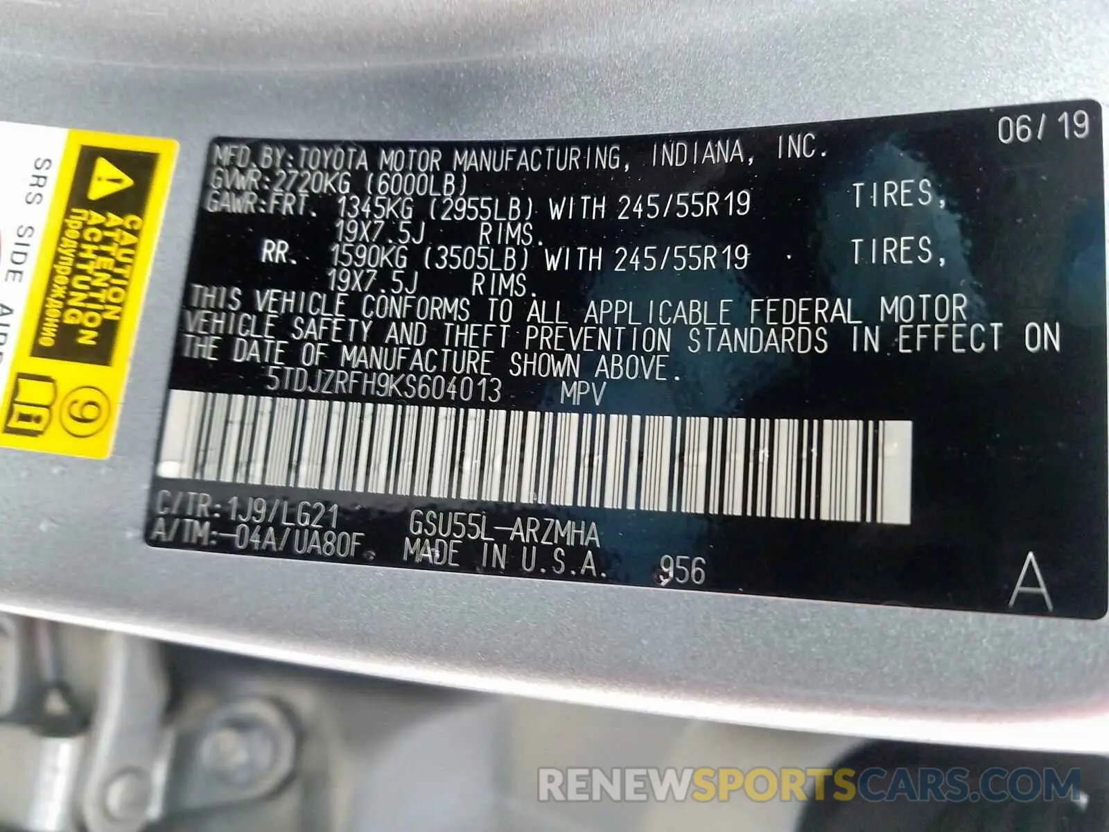 10 fotografías del automóvil dañado 5TDJZRFH9KS604013 TOYOTA HIGHLANDER 2019