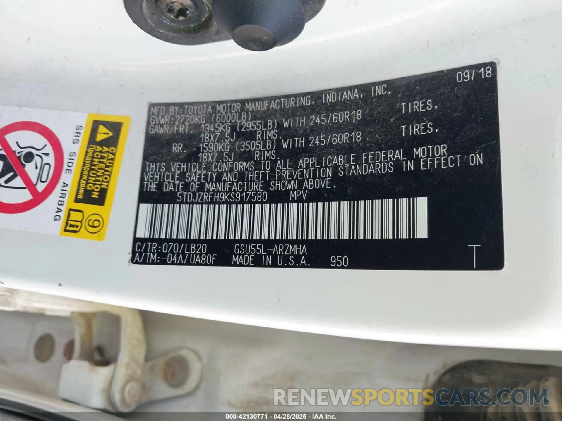 9 fotografías del automóvil dañado 5TDJZRFH9KS917580 TOYOTA HIGHLANDER 2019