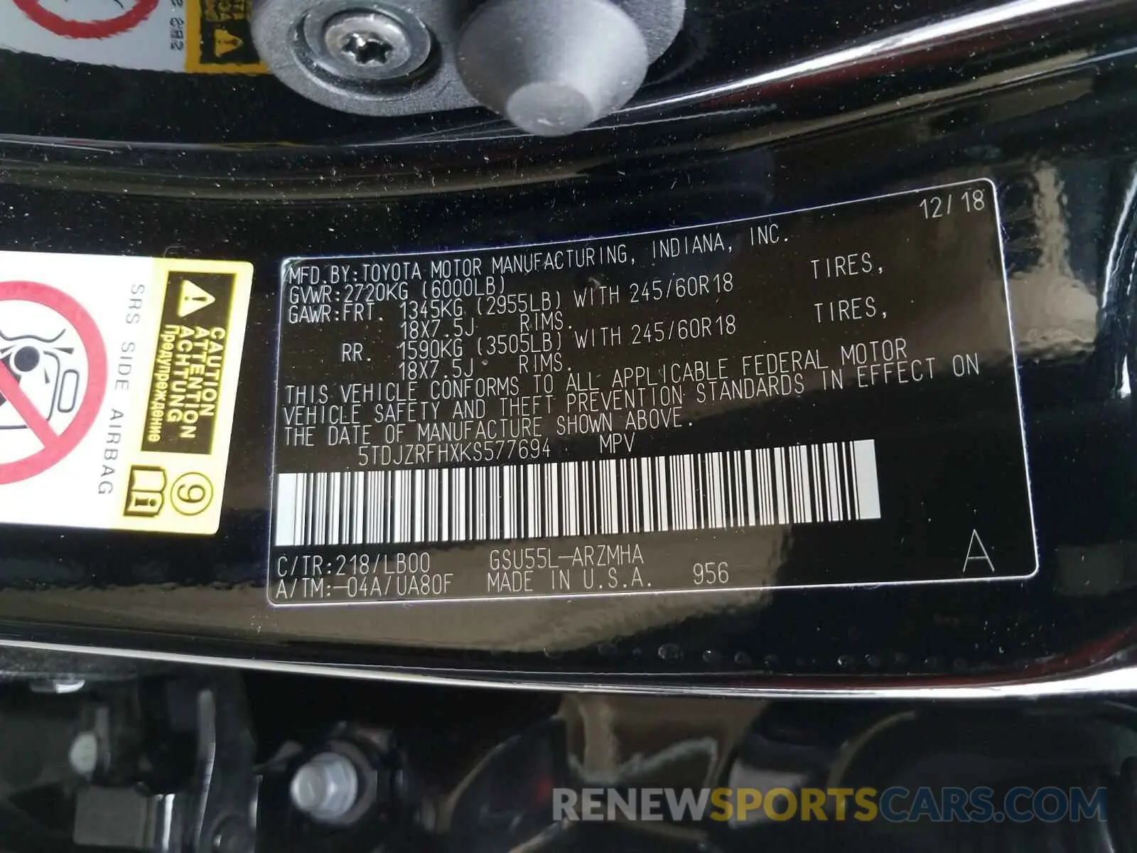 10 fotografías del automóvil dañado 5TDJZRFHXKS577694 TOYOTA HIGHLANDER 2019