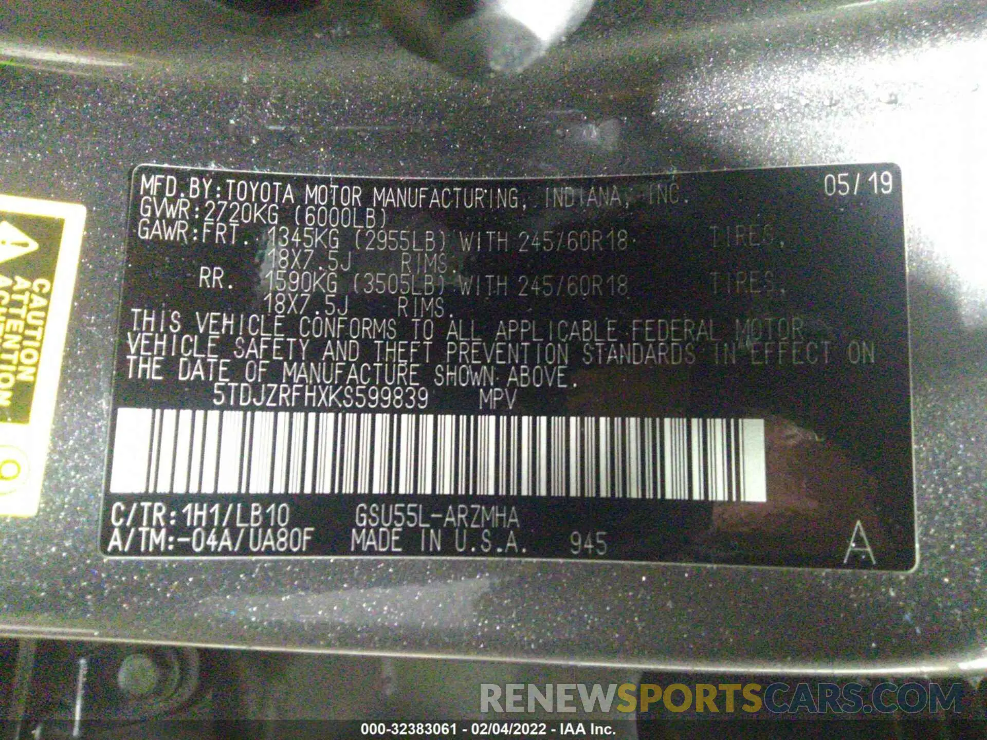 9 fotografías del automóvil dañado 5TDJZRFHXKS599839 TOYOTA HIGHLANDER 2019