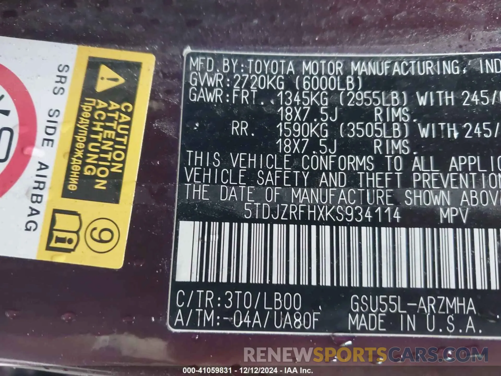 9 fotografías del automóvil dañado 5TDJZRFHXKS934114 TOYOTA HIGHLANDER 2019