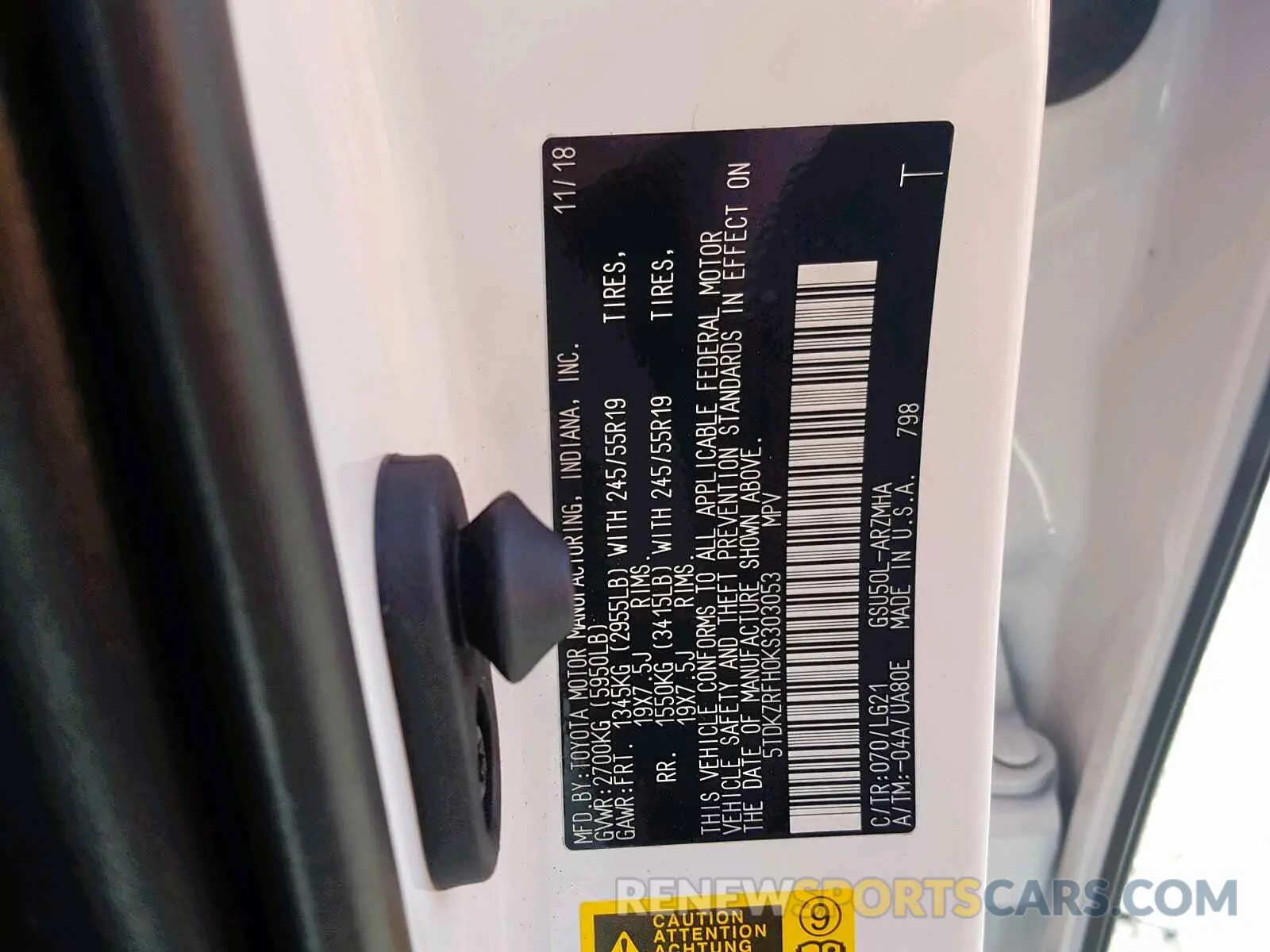 10 fotografías del automóvil dañado 5TDKZRFH0KS303053 TOYOTA HIGHLANDER 2019
