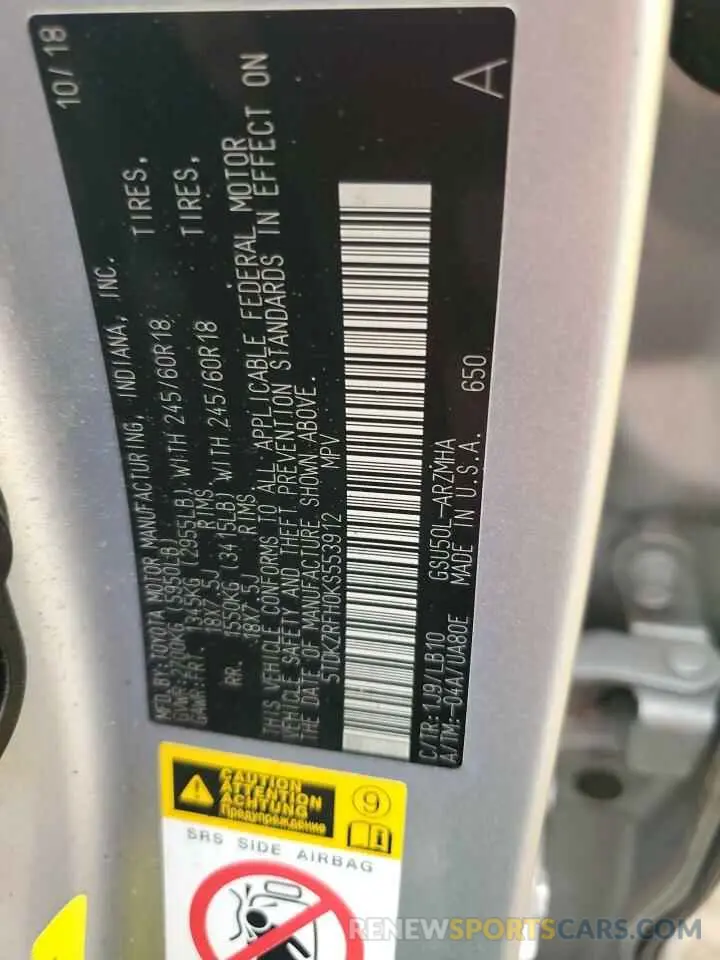 13 fotografías del automóvil dañado 5TDKZRFH0KS553912 TOYOTA HIGHLANDER 2019