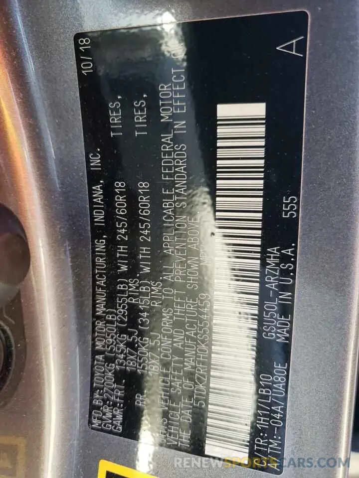 10 fotografías del automóvil dañado 5TDKZRFH0KS554459 TOYOTA HIGHLANDER 2019