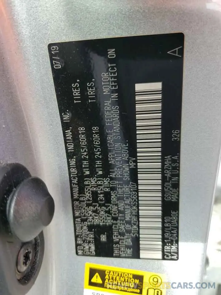 13 fotografías del automóvil dañado 5TDKZRFH0KS569107 TOYOTA HIGHLANDER 2019