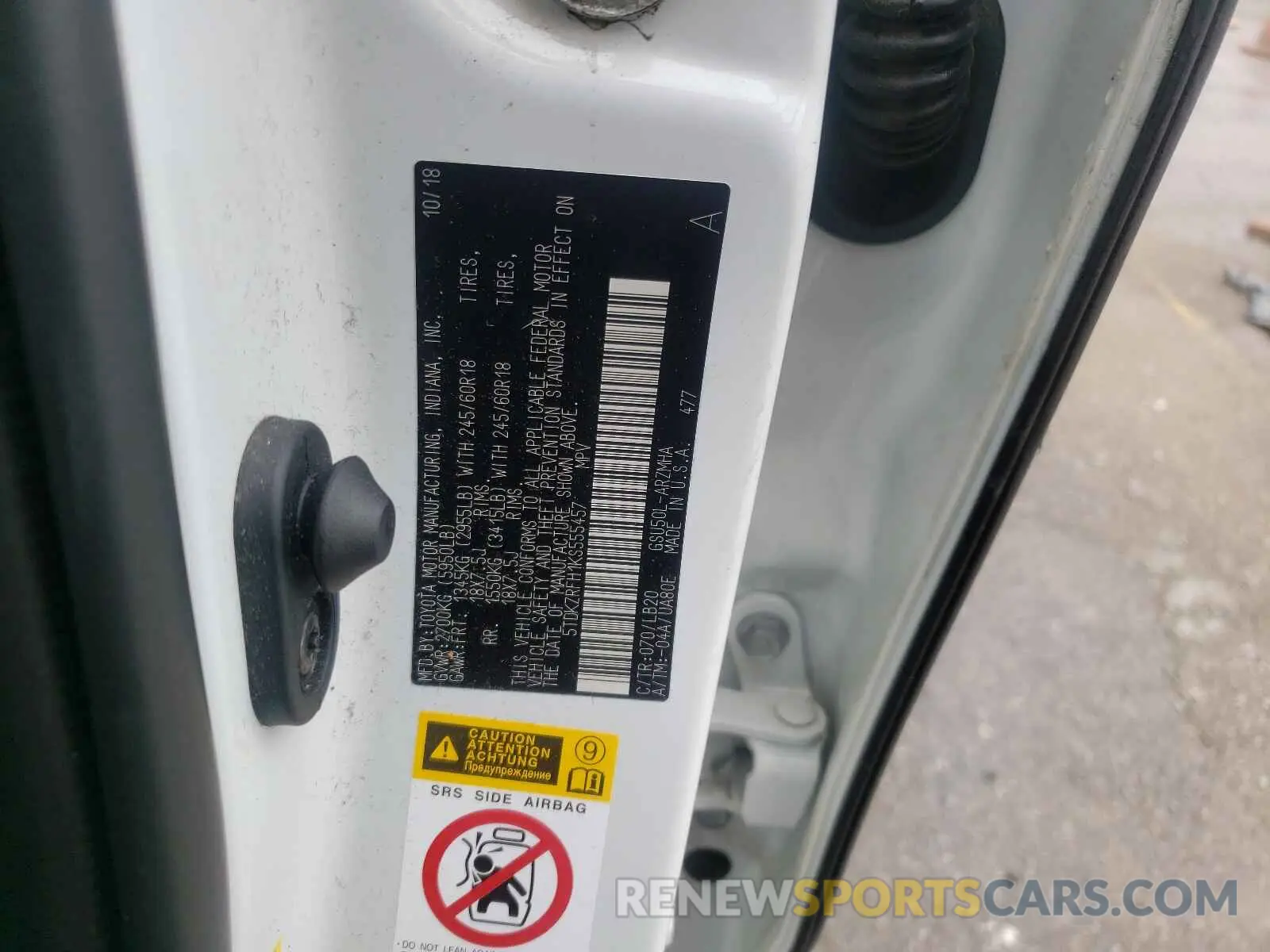 10 fotografías del automóvil dañado 5TDKZRFH1KS555457 TOYOTA HIGHLANDER 2019