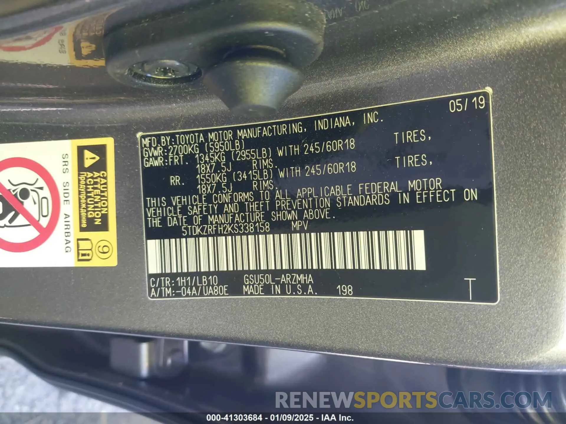 9 fotografías del automóvil dañado 5TDKZRFH2KS338158 TOYOTA HIGHLANDER 2019