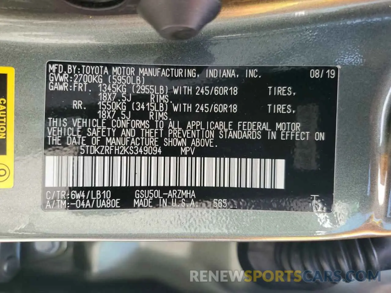 13 fotografías del automóvil dañado 5TDKZRFH2KS349094 TOYOTA HIGHLANDER 2019