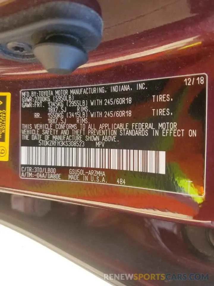 13 fotografías del automóvil dañado 5TDKZRFH3KS308523 TOYOTA HIGHLANDER 2019