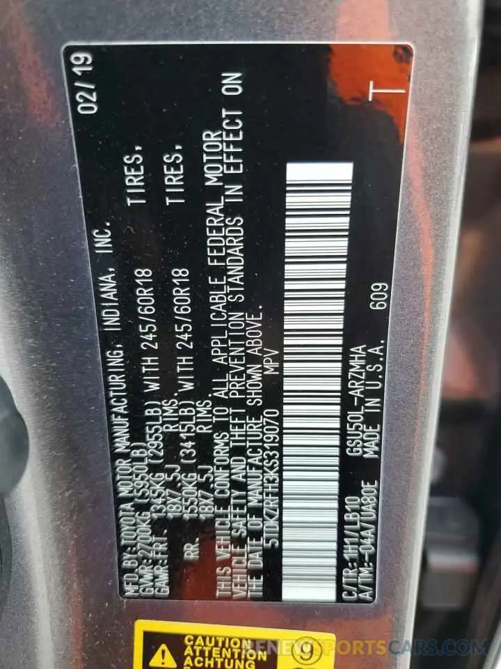 13 fotografías del automóvil dañado 5TDKZRFH3KS319070 TOYOTA HIGHLANDER 2019
