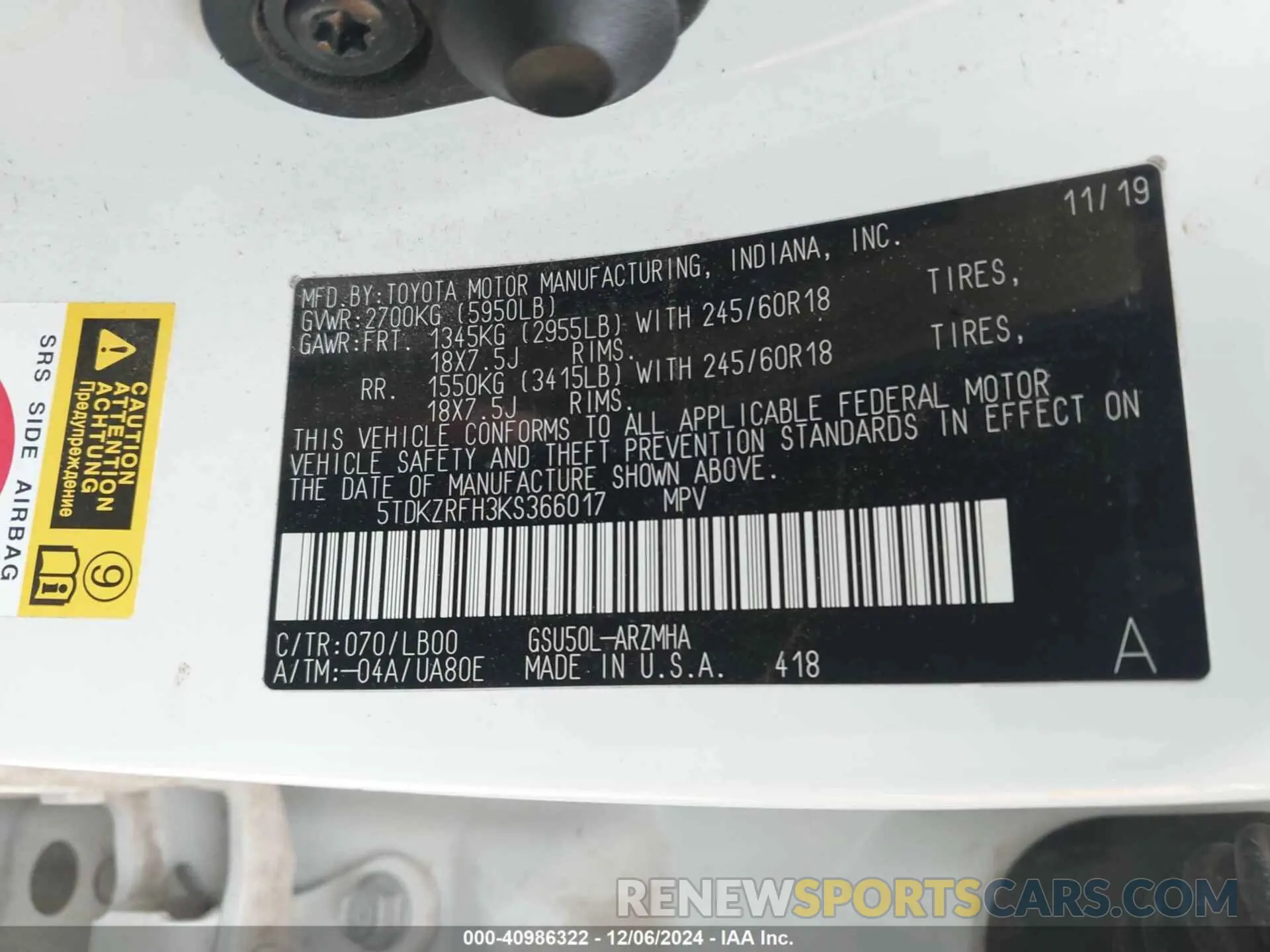 9 fotografías del automóvil dañado 5TDKZRFH3KS366017 TOYOTA HIGHLANDER 2019