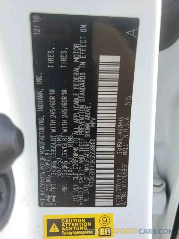 14 fotografías del automóvil dañado 5TDKZRFH3KS558800 TOYOTA HIGHLANDER 2019