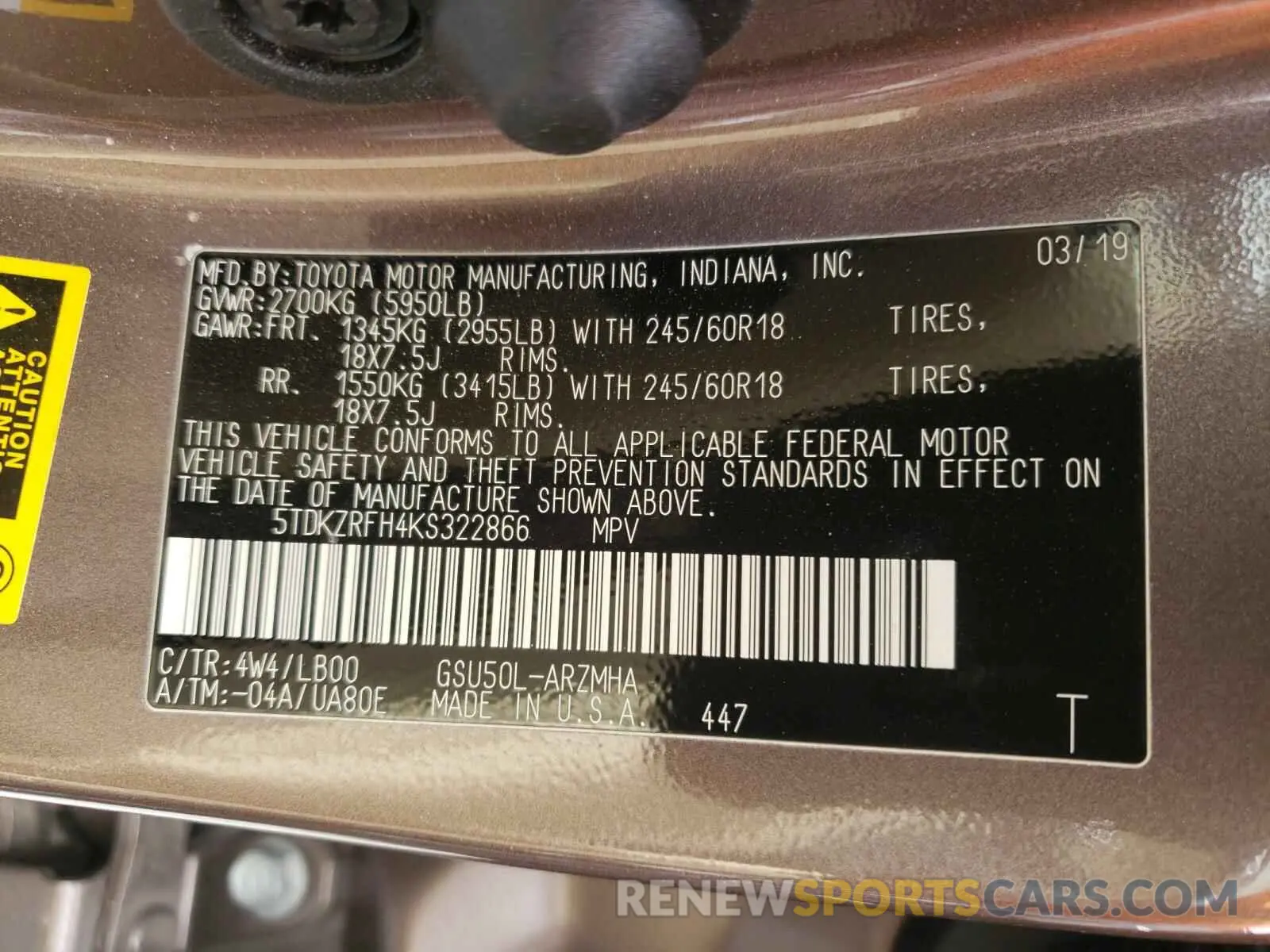10 fotografías del automóvil dañado 5TDKZRFH4KS322866 TOYOTA HIGHLANDER 2019