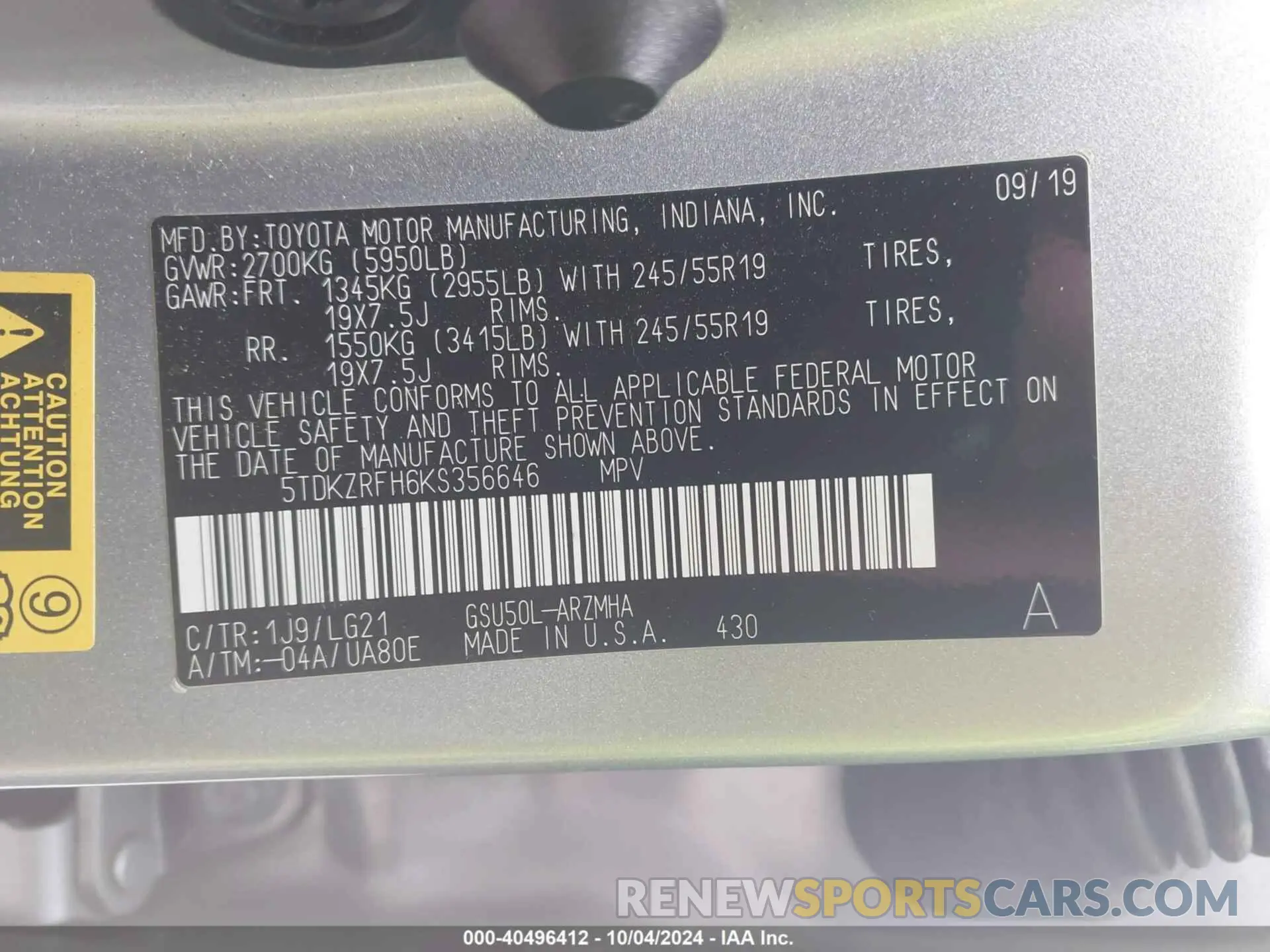 9 fotografías del automóvil dañado 5TDKZRFH6KS356646 TOYOTA HIGHLANDER 2019