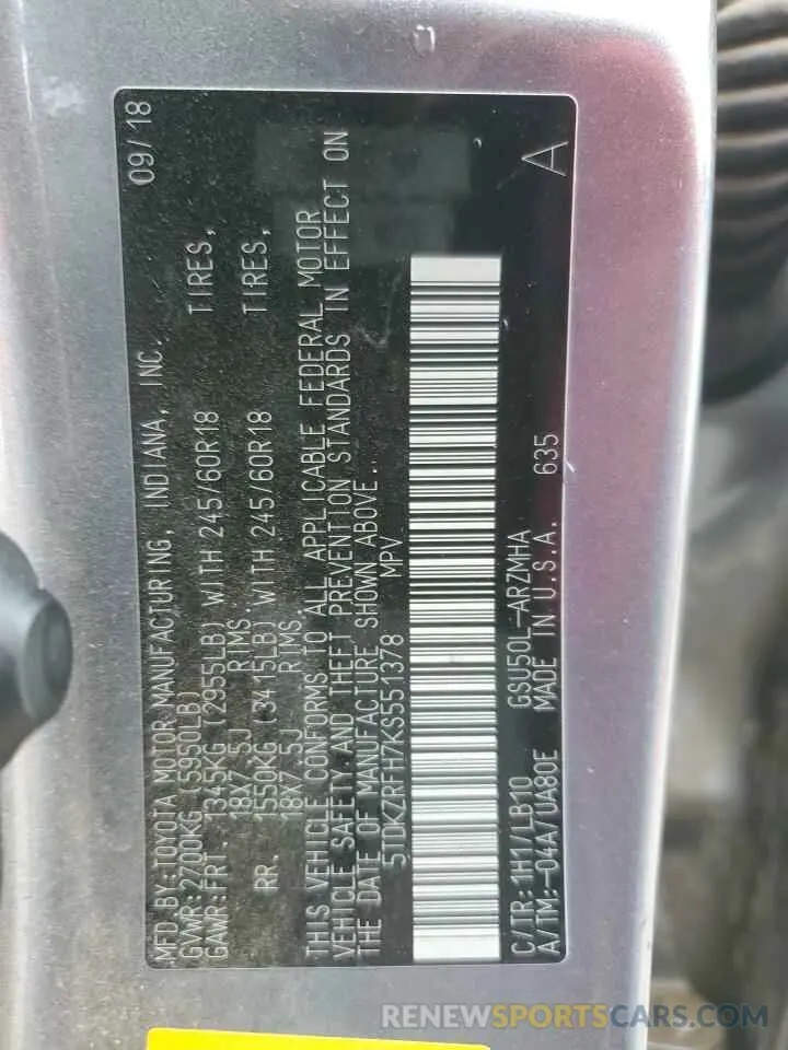 13 fotografías del automóvil dañado 5TDKZRFH7KS551378 TOYOTA HIGHLANDER 2019