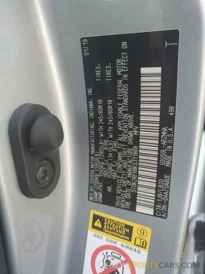 13 fotografías del automóvil dañado 5TDKZRFH8KS311868 TOYOTA HIGHLANDER 2019