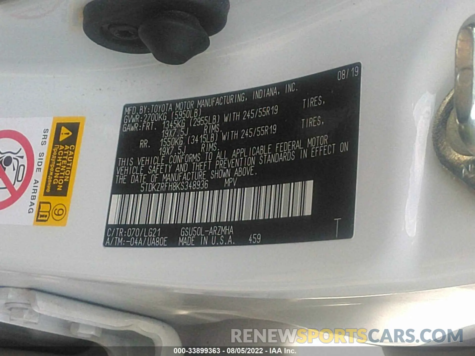 9 fotografías del automóvil dañado 5TDKZRFH8KS348936 TOYOTA HIGHLANDER 2019