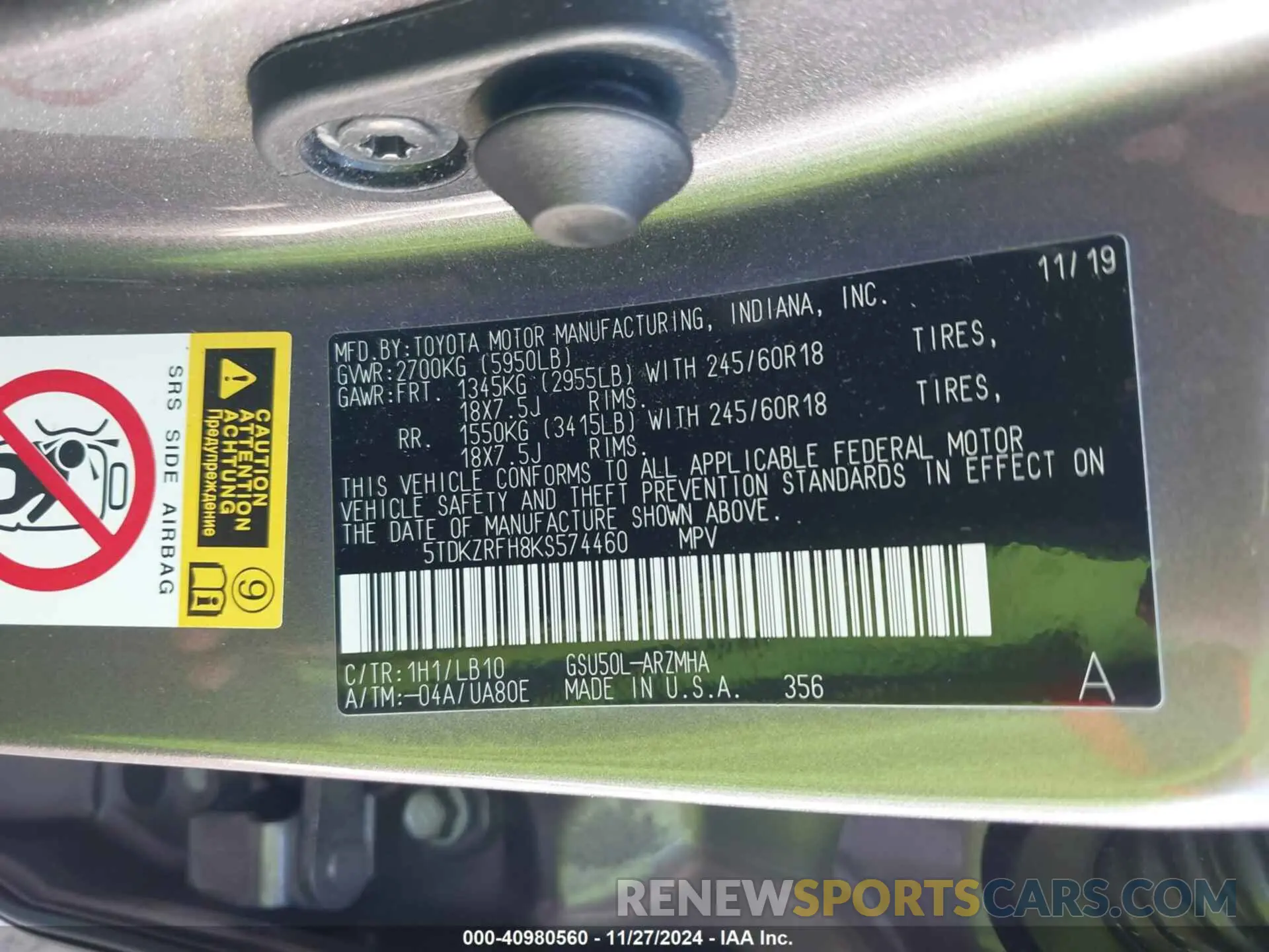 9 fotografías del automóvil dañado 5TDKZRFH8KS574460 TOYOTA HIGHLANDER 2019