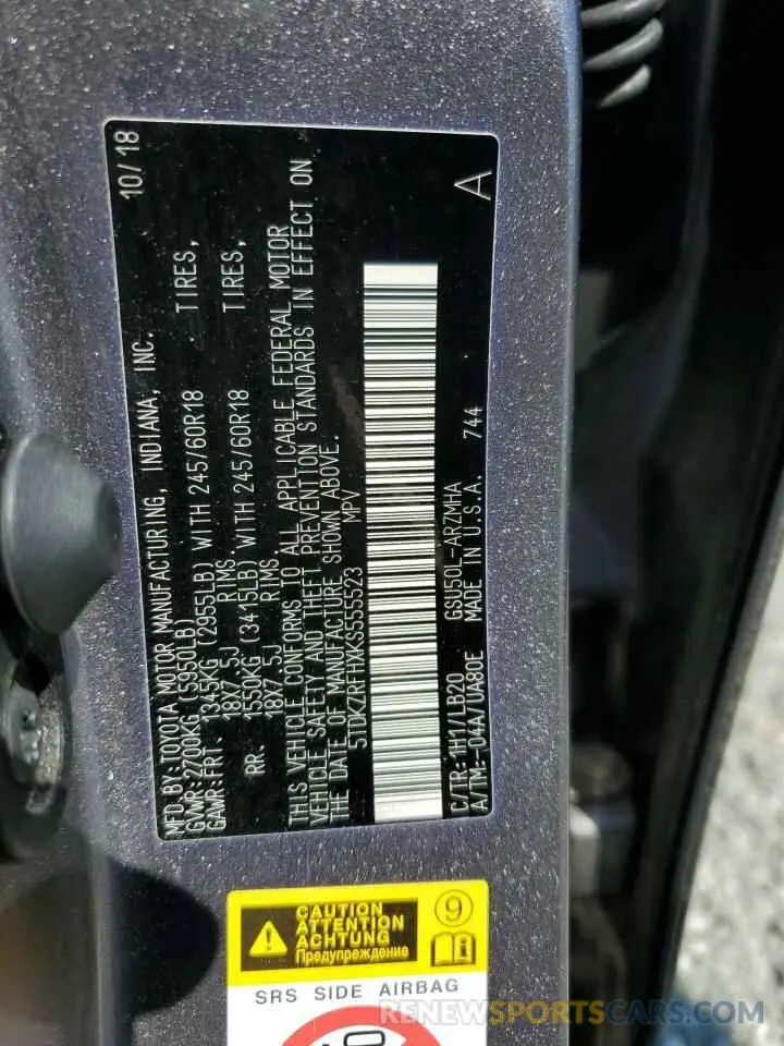 12 fotografías del automóvil dañado 5TDKZRFHXKS555523 TOYOTA HIGHLANDER 2019