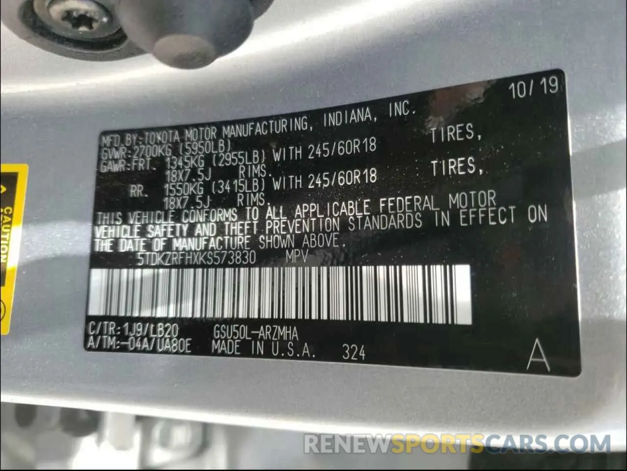 10 fotografías del automóvil dañado 5TDKZRFHXKS573830 TOYOTA HIGHLANDER 2019
