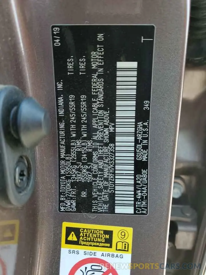14 fotografías del automóvil dañado 5TDYZRFH7KS327358 TOYOTA HIGHLANDER 2019