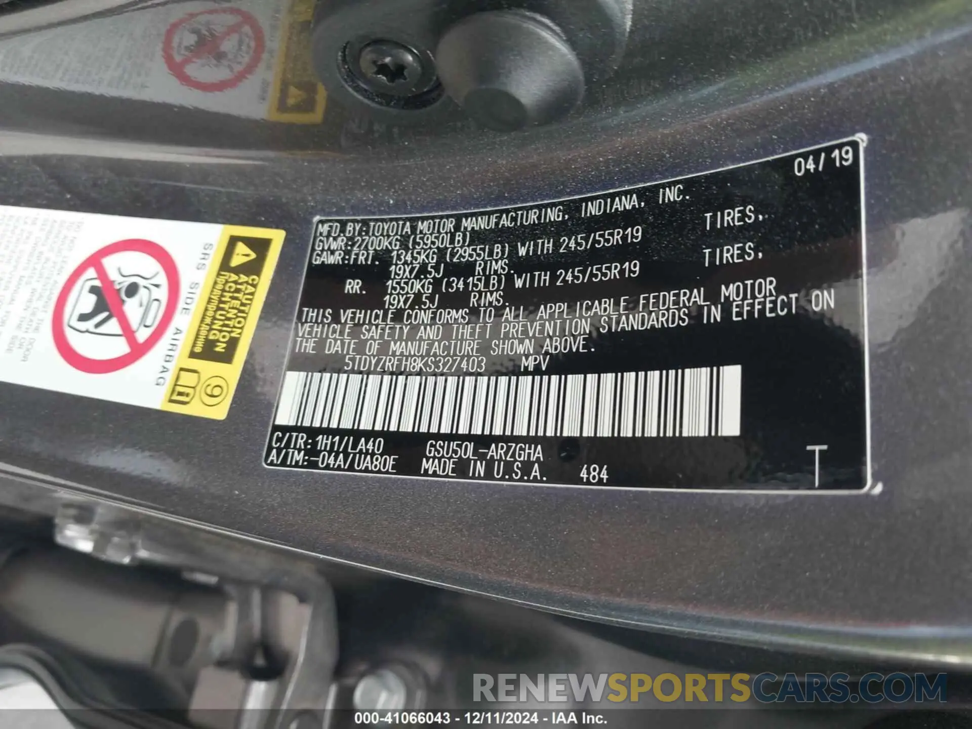 9 fotografías del automóvil dañado 5TDYZRFH8KS327403 TOYOTA HIGHLANDER 2019