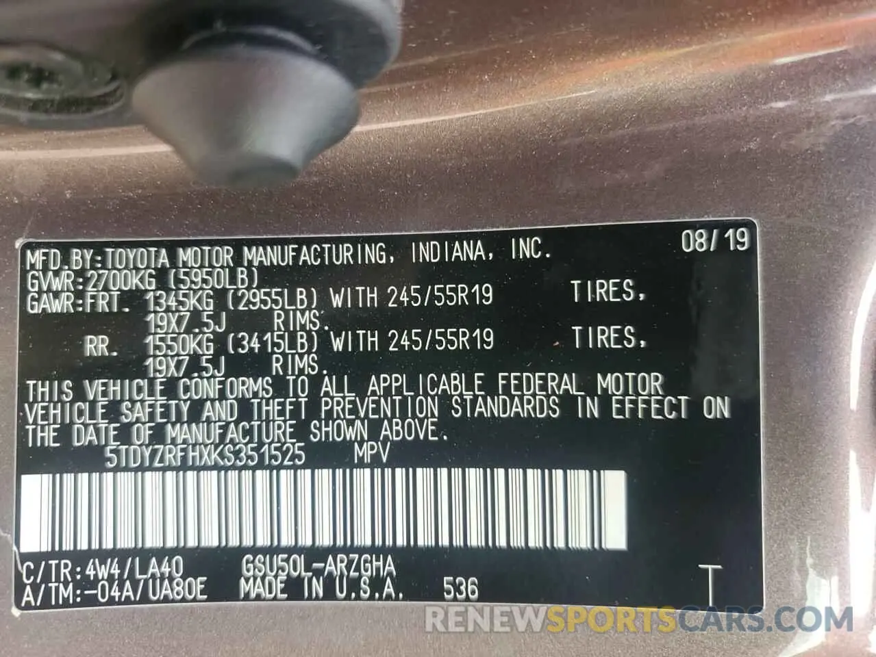 14 fotografías del automóvil dañado 5TDYZRFHXKS351525 TOYOTA HIGHLANDER 2019