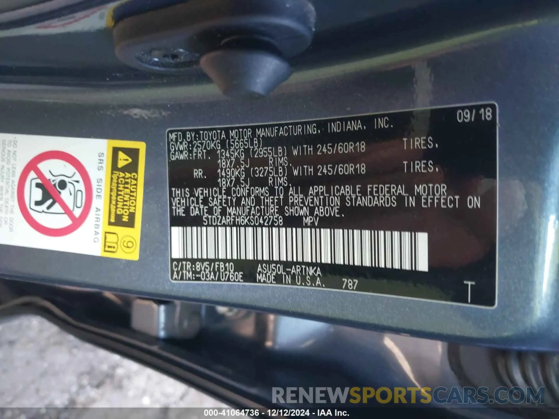 9 fotografías del automóvil dañado 5TDZARFH6KS042758 TOYOTA HIGHLANDER 2019