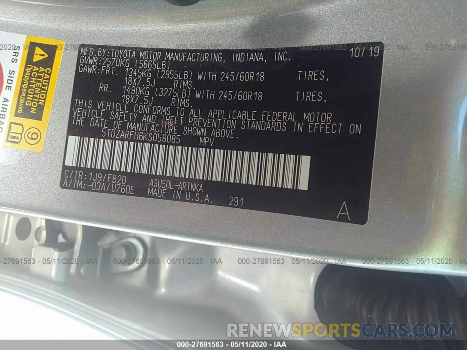 9 fotografías del automóvil dañado 5TDZARFH6KS058085 TOYOTA HIGHLANDER 2019